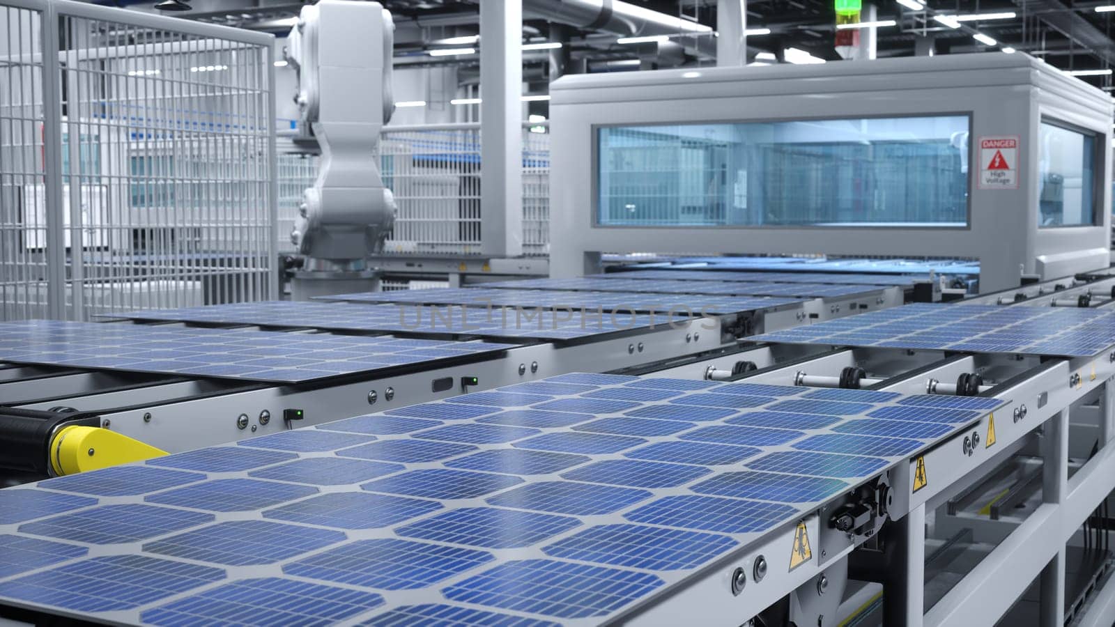 Robot arms in cutting edge solar panel warehouse handling photovoltaic modules on large assembly lines. Company manufacturing solar cells in renewable energy producing facility, 3D illustration