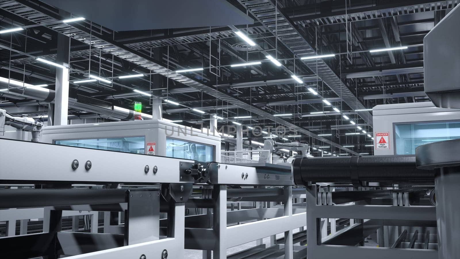 Solar panel factory with robotic arms placing PV modules on automation lines, 3D rendering of industrial building interior. Mass production facility producing solar cells for green energy industry