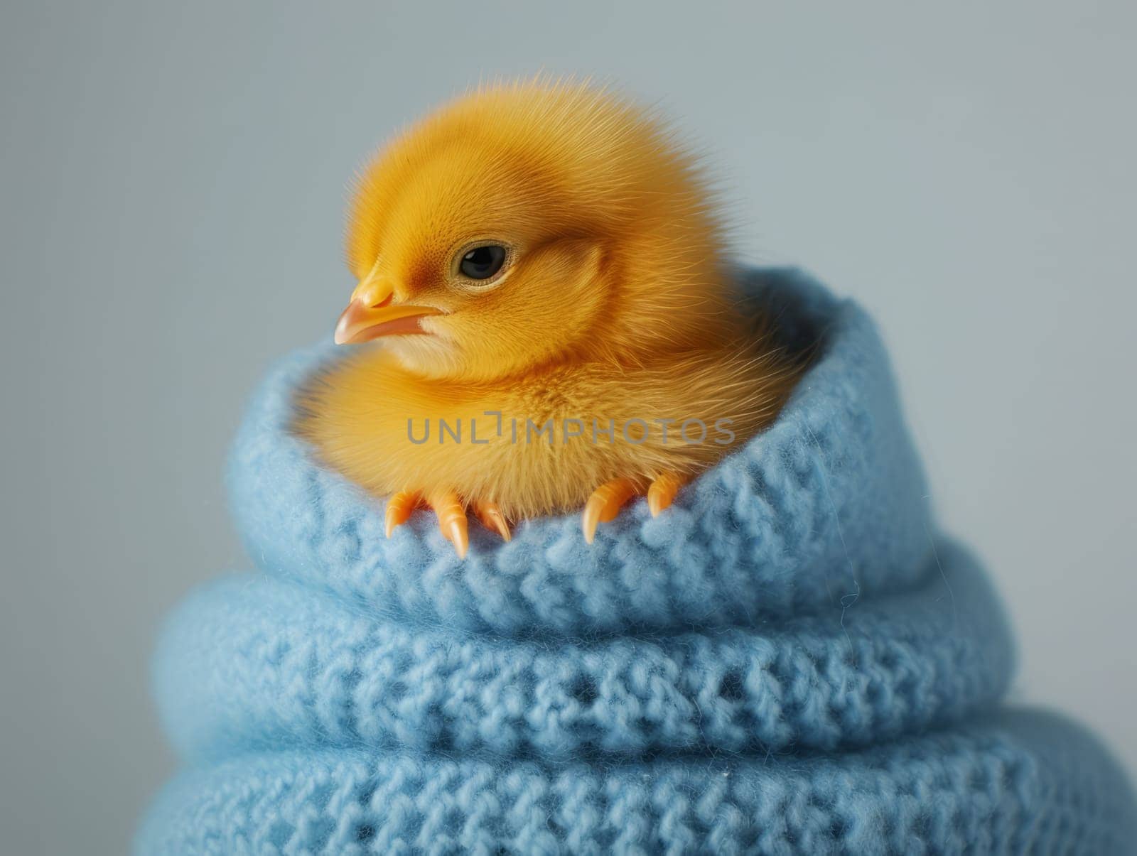 Cute Little Yellow Chick in Cosy Blanket. Fluffy Little Bird .