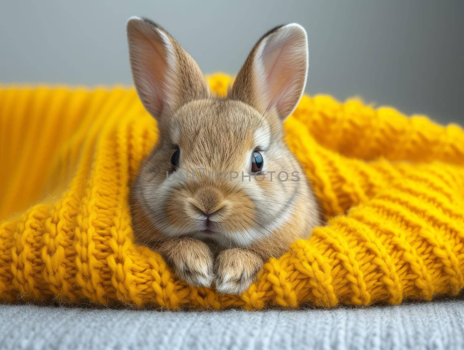 Cute Fluffy Easter Bunny in Yellow Blanket. Funny Rabbit Portrait.