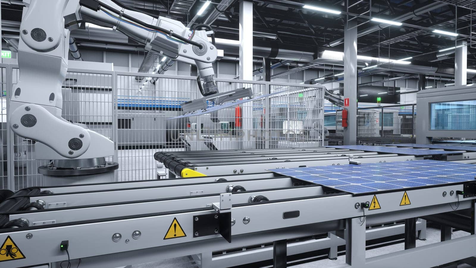 Robot arms placing solar panels on large production line, 3D illustration by DCStudio