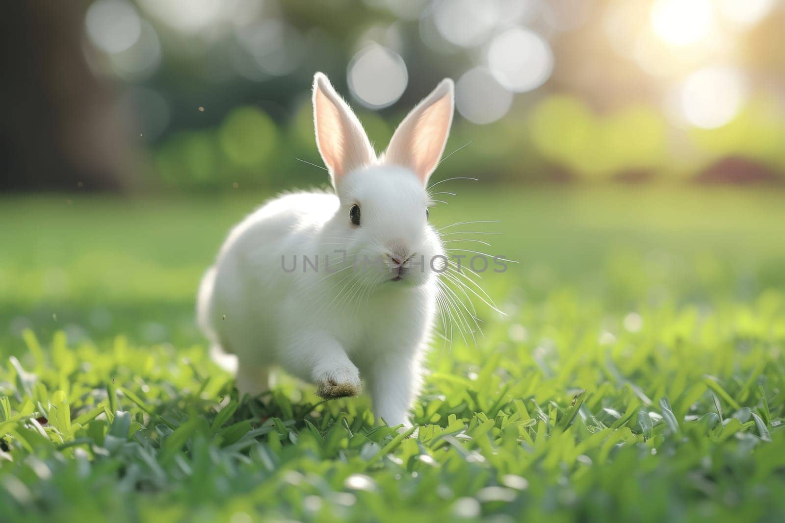 Beautiful Furry Easter Rabbit Bunny on Sunny Meadow. Bokeh Lights, Spring Garden, Traditional Easter Scene. by iliris