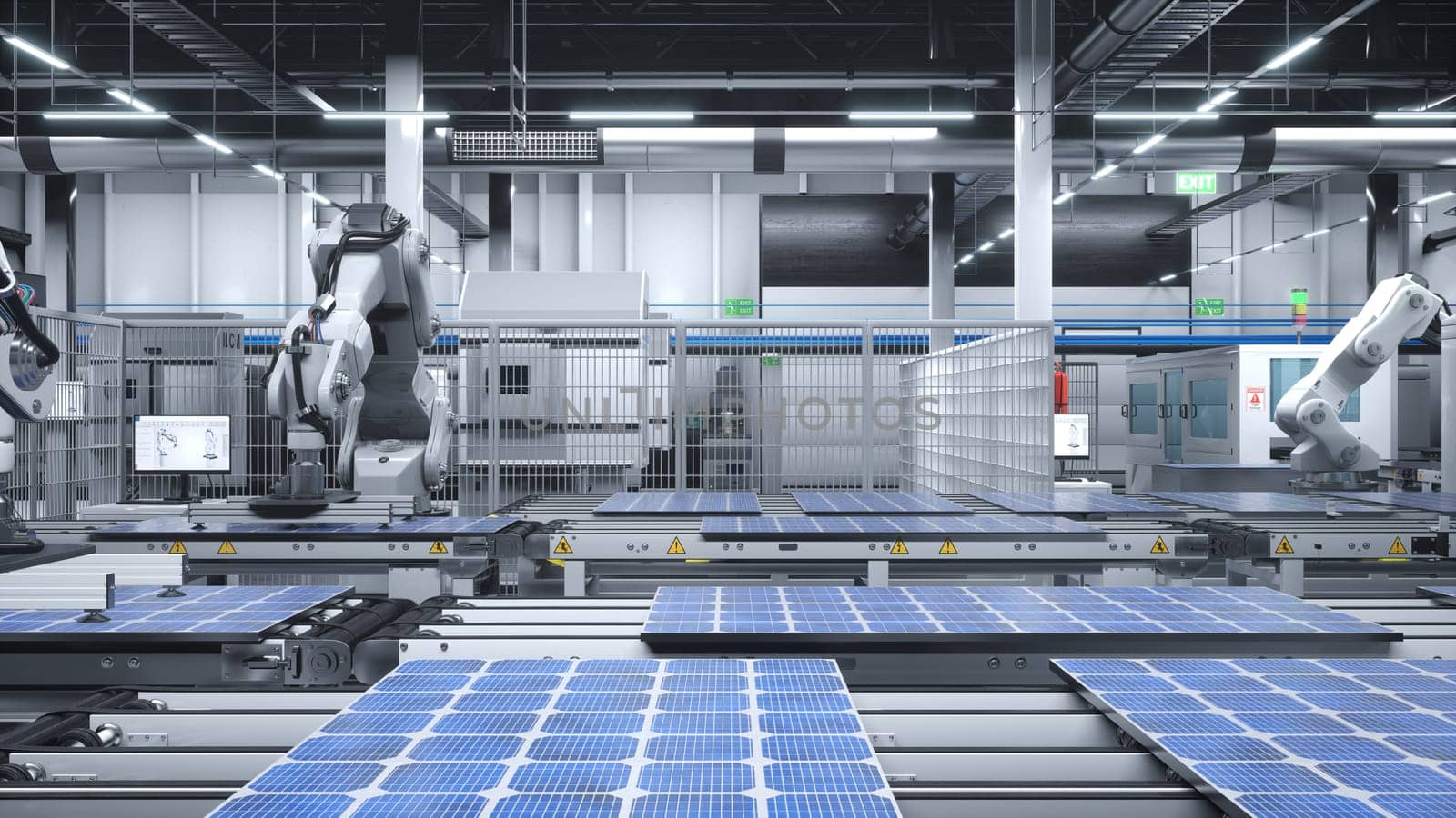 Industrial robot arms placing solar panels on large production line in modern green technology factory. Photovoltaics being assembled on conveyor belts inside facility with safety protocols, 3D render