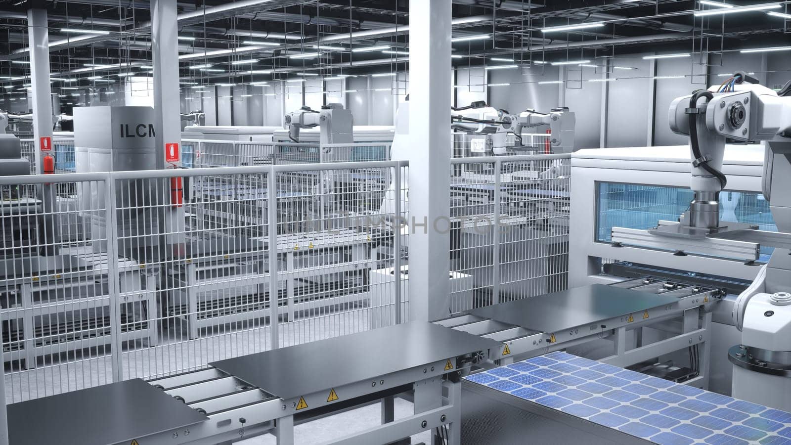 Solar panels being moved on conveyor belts during production process, 3D render by DCStudio