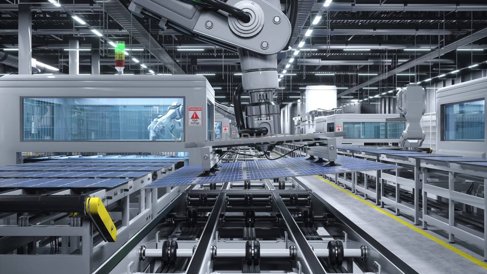 Industrial robot arm in cutting edge solar panel factory maneuvering photovoltaic modules. PV cells produced in eco friendly facility with assembly lines, 3D rendering illustration