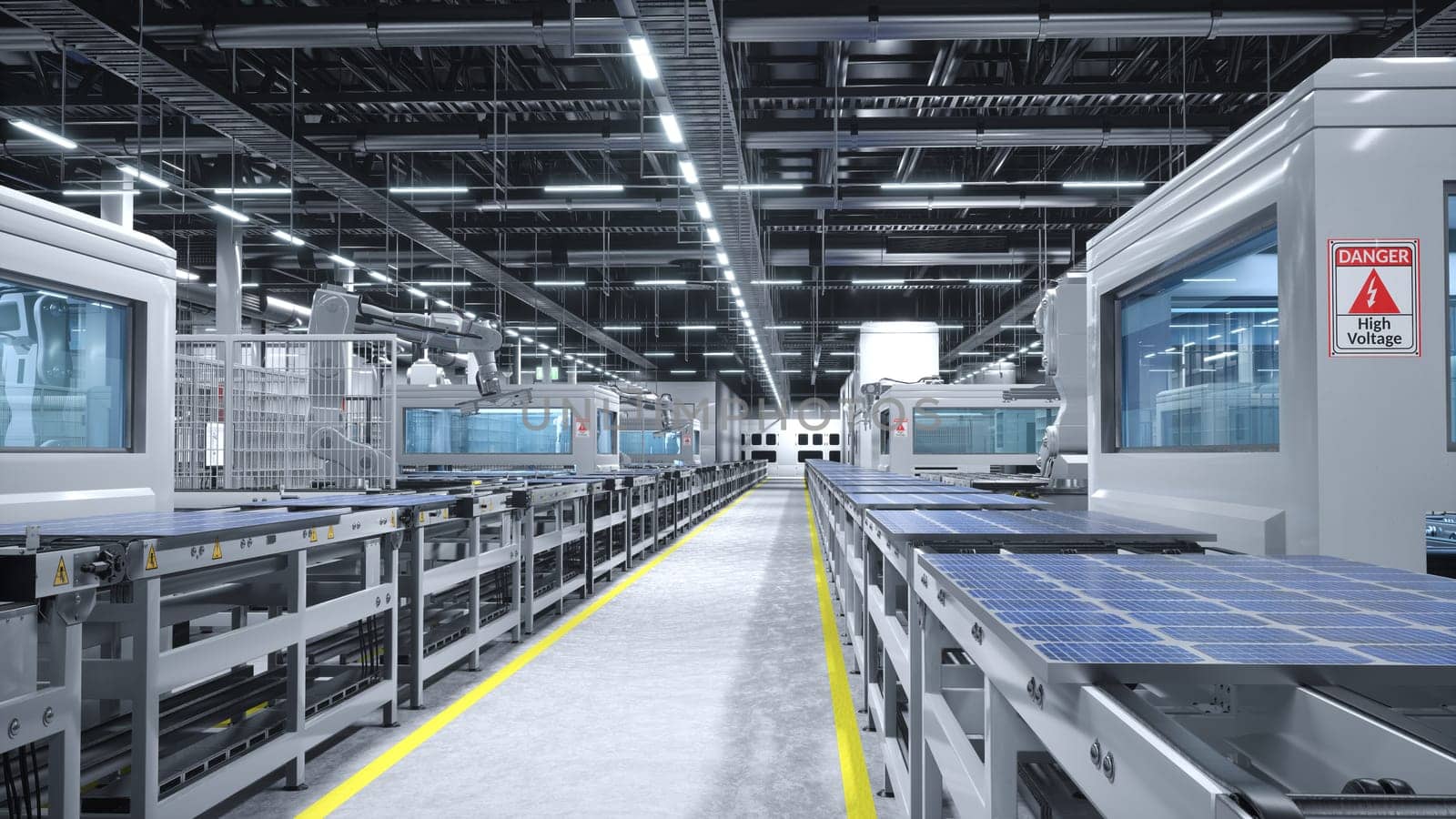 Company producing solar panels in factory, 3D illustration by DCStudio