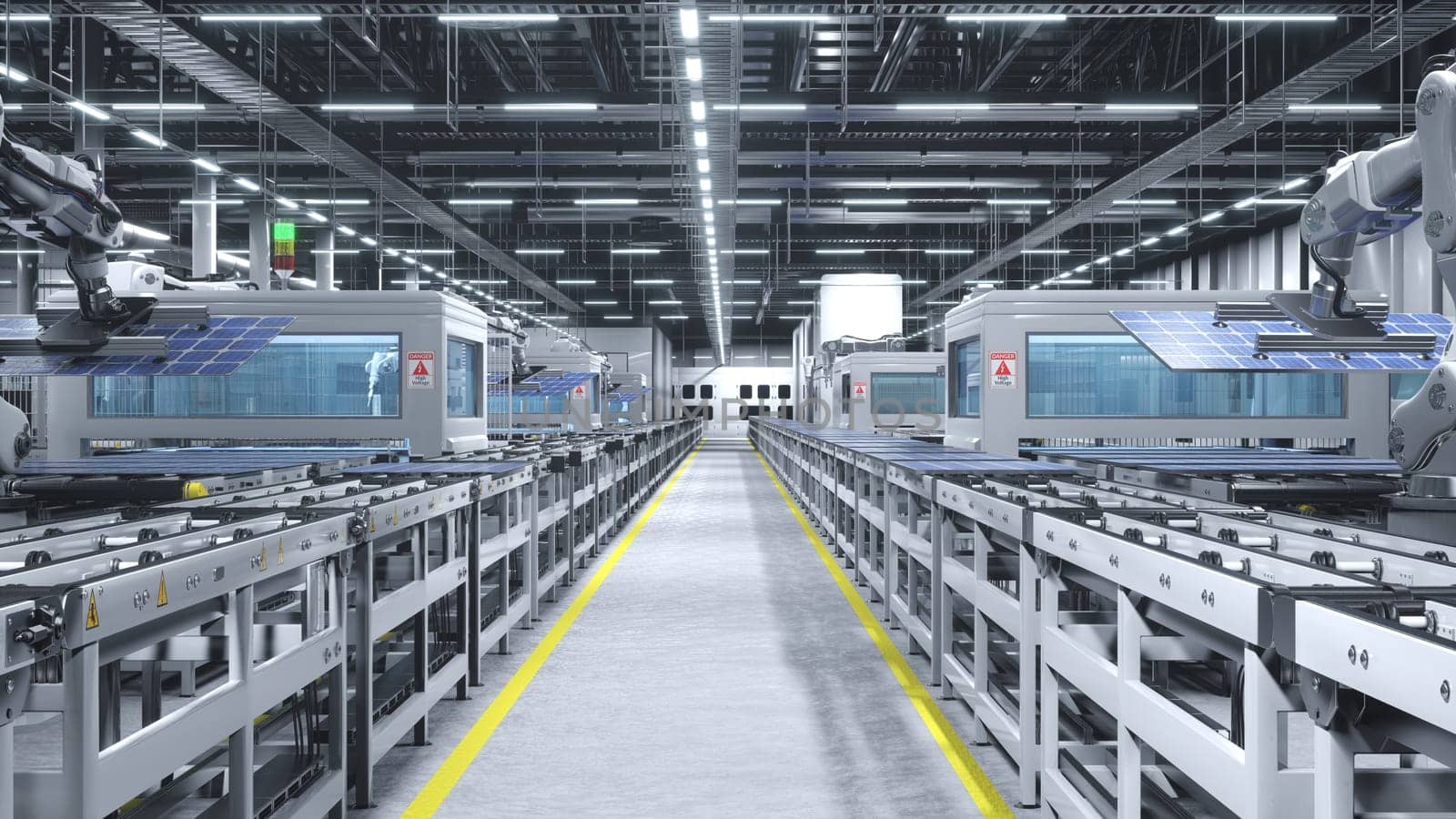 Solar panels being moved on conveyor belts during high tech production process in clean energy factory, 3D render. PV cells used to produce solar power electricity being placed on assembly lines