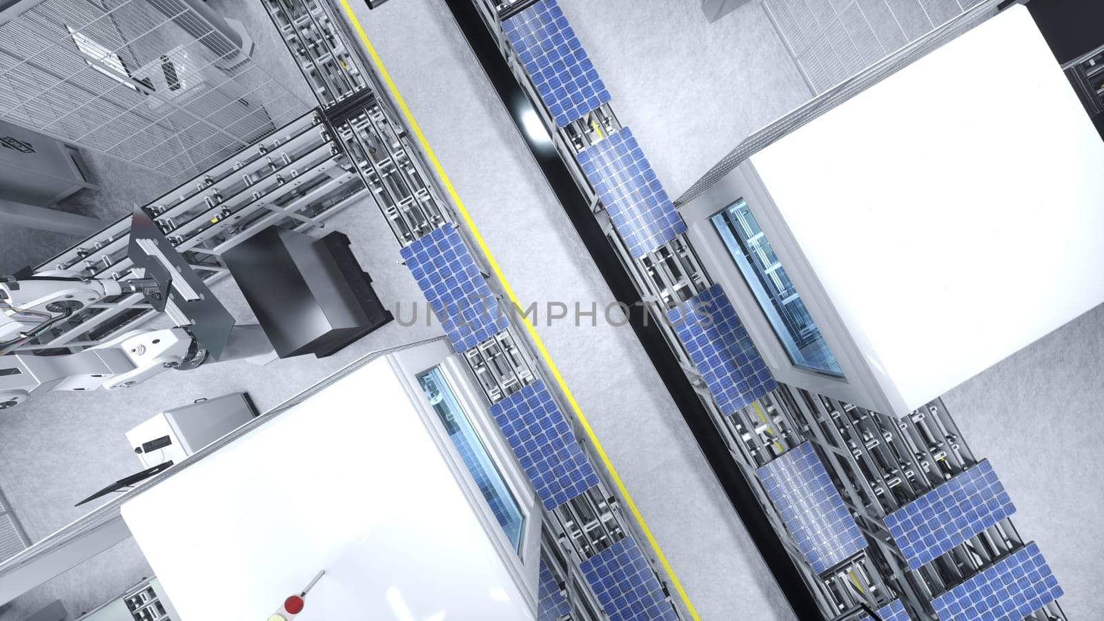 Aerial shot of warehouse producing green energy solar cells, 3D illustration by DCStudio