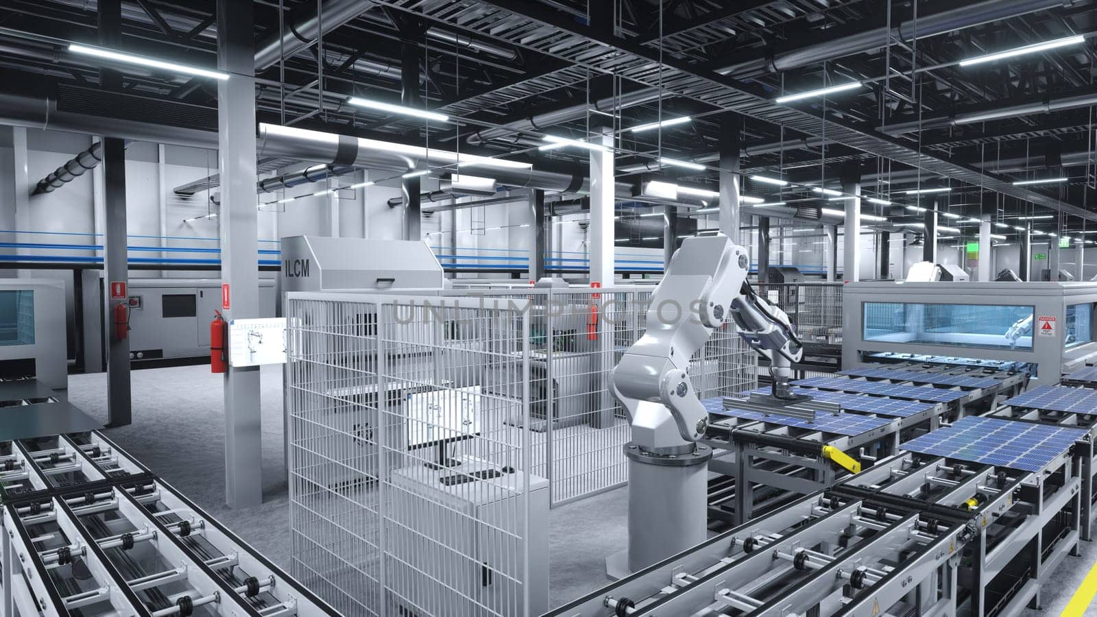 Solar panel logistics factory with robot arms, 3D rendering by DCStudio