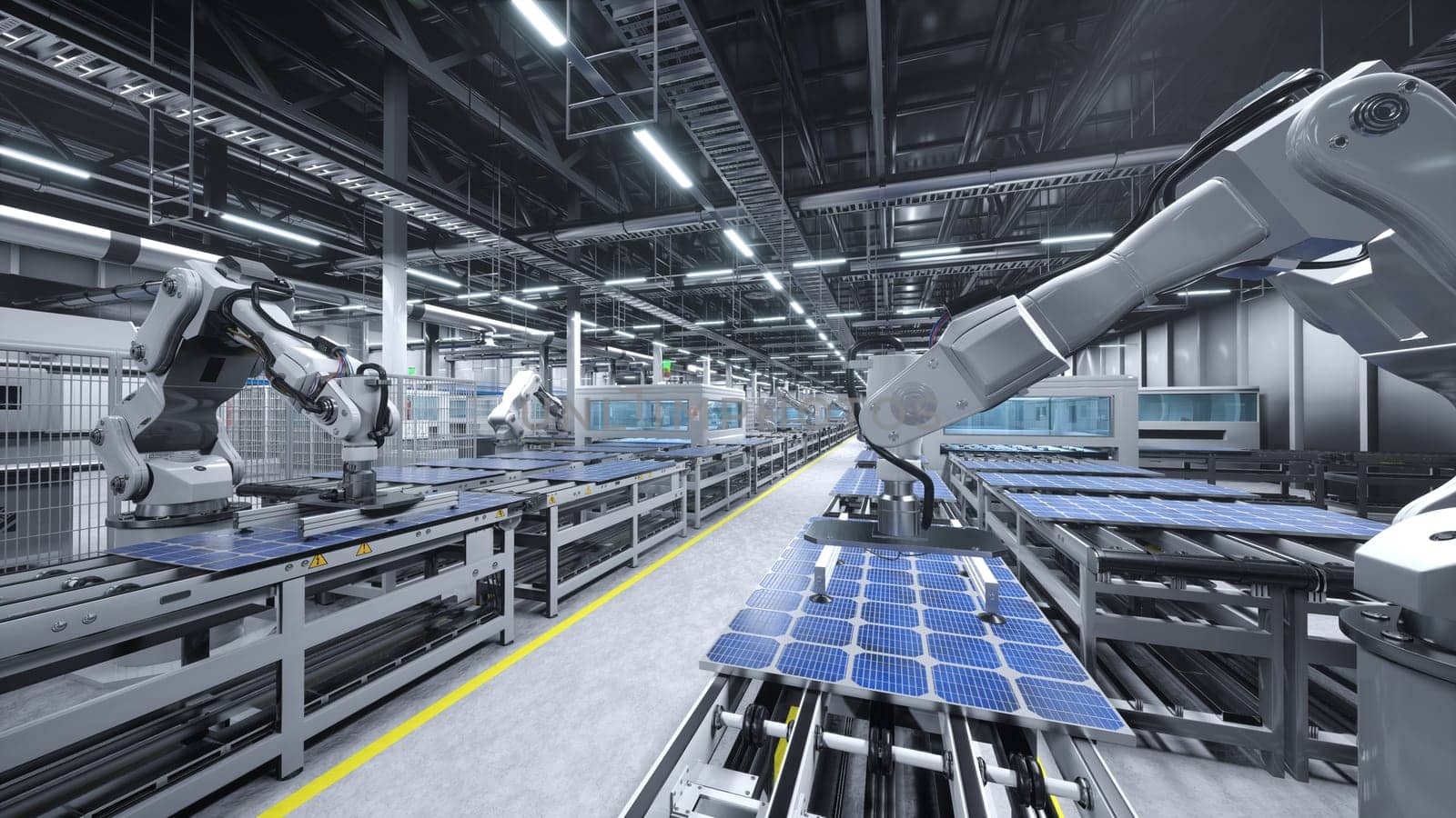 Solar panel factory with industrial robot arms, 3D illustration by DCStudio