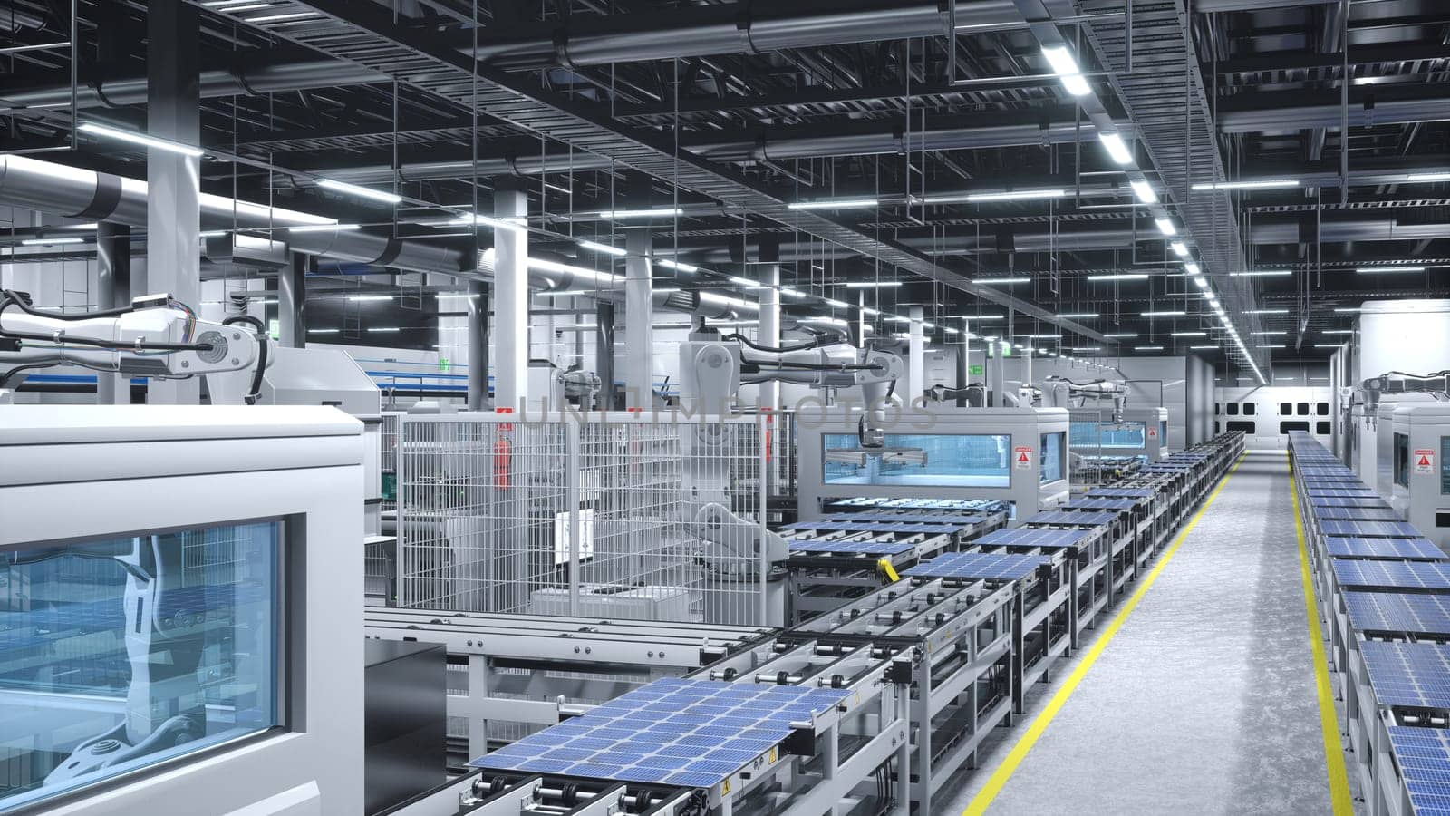 Industrial robot arms placing solar panels on large production line by DCStudio