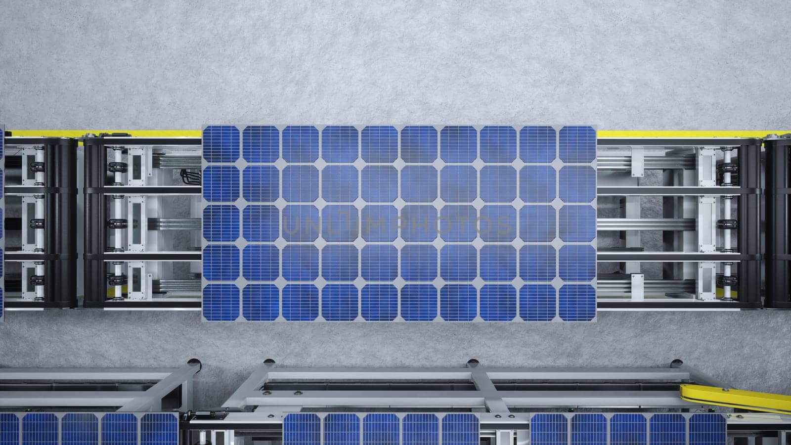Top down view of solar panels on assembly line operated by high tech robot arms in modern sustainable factory. Aerial shot of photovoltaics produced in modern automated facility