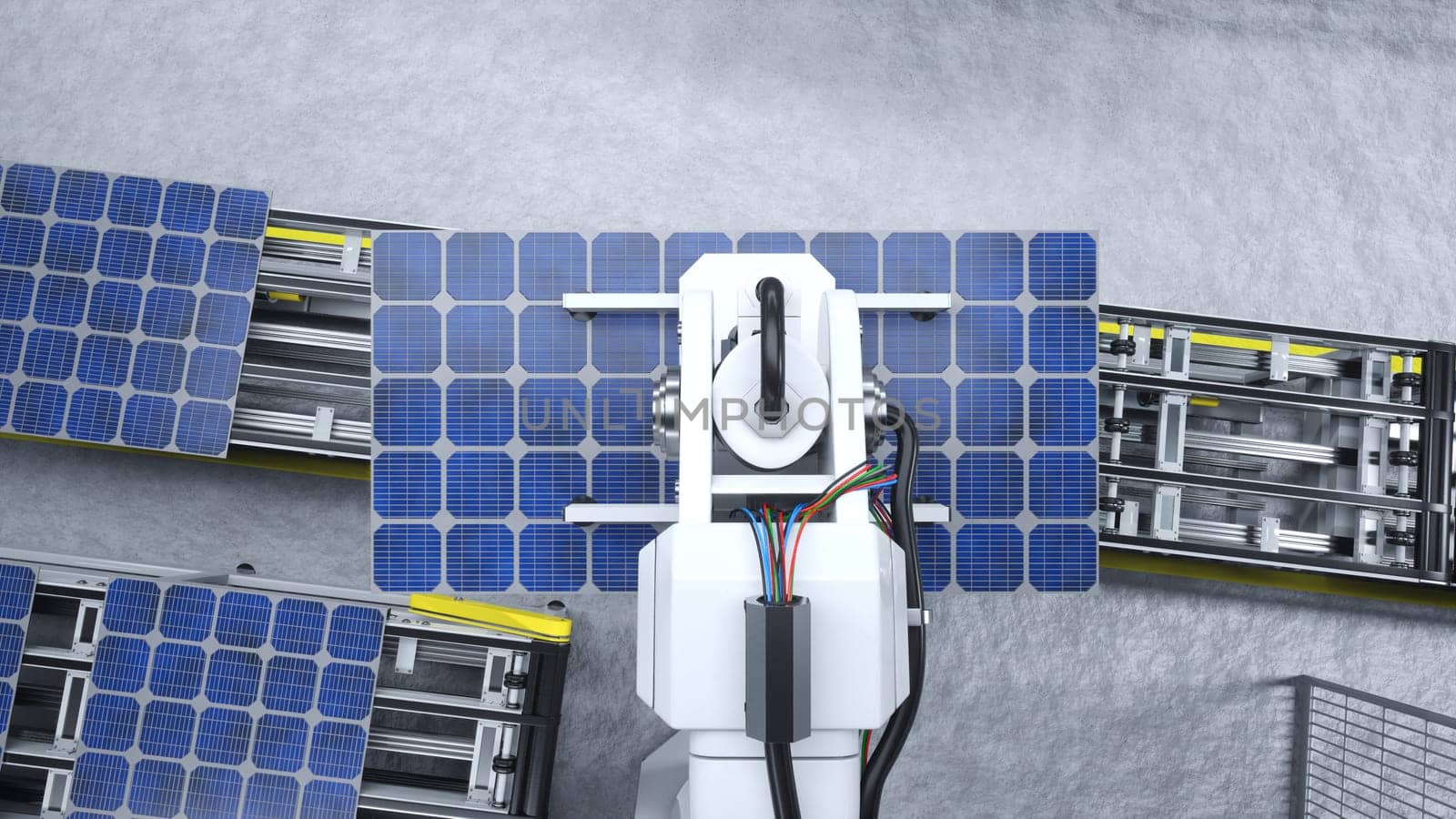 Machinery placing PV cells on conveyor belts, top down shot, 3D render by DCStudio