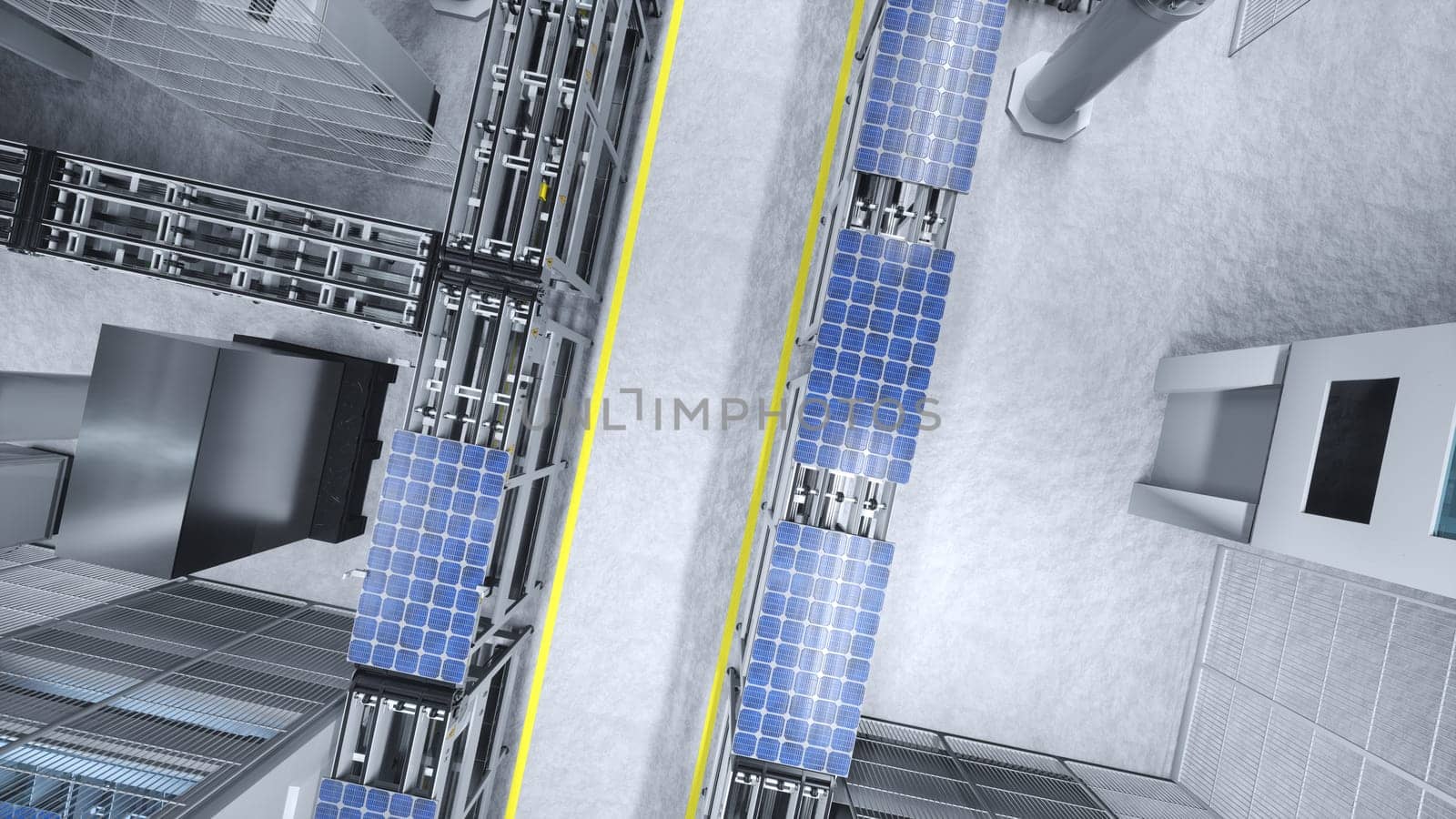 Top down view of solar panels on conveyor belts, 3D illustration by DCStudio