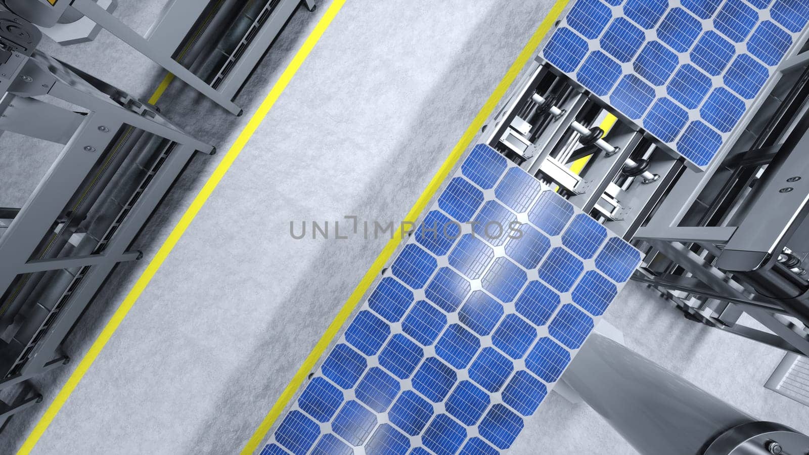 Top down view of solar panel assembly line operated by high tech robot arms in modern sustainable factory. Aerial shot of PV cells production process taking place in automated warehouse