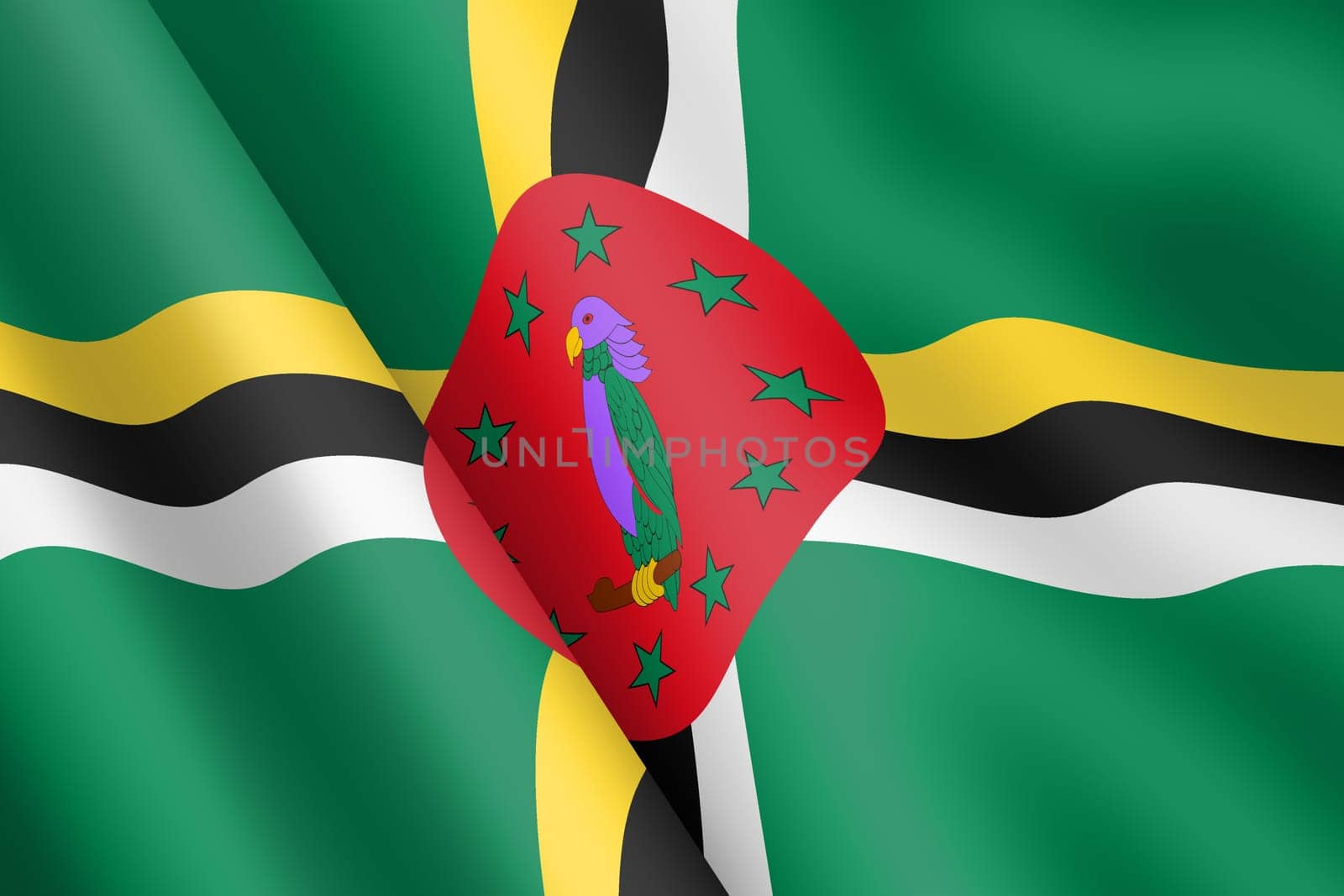 A Dominica waving flag 3d illustration wind ripple green yellow black red sisserou parrot