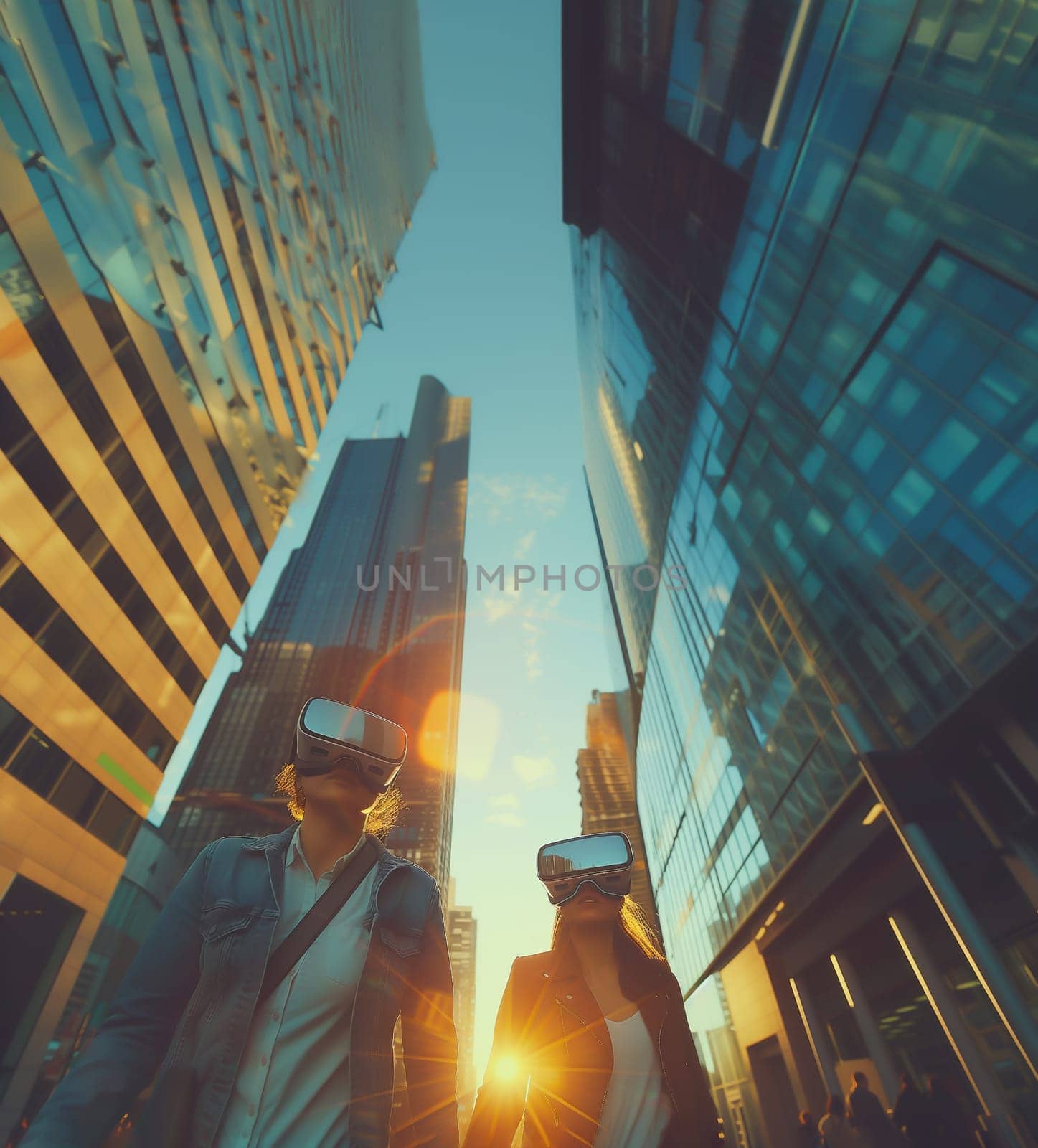 Mockup Young People Walking in Street Wearing Wireless VR Headset, Glasses. Sun and Skyscraper of Metropolis on Background. Motion Effect, Wide Angle. AI Generated. Vertical Design. Space For Text by netatsi