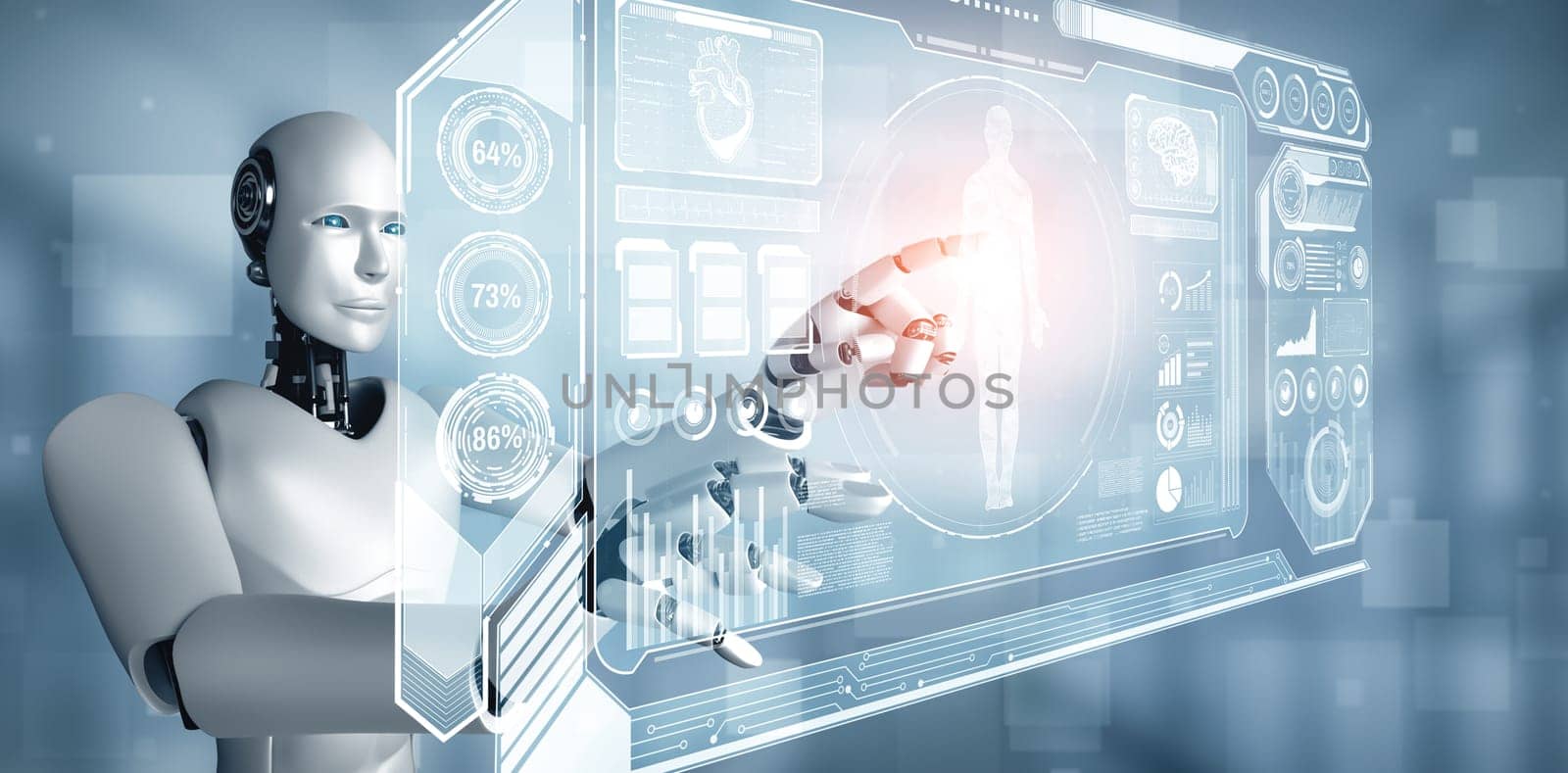 XAI 3d illustration Future medical technology controlled by AI robot using machine learning and artificial intelligence to analyze people health and give advice on health care treatment decision. 3D illustration.