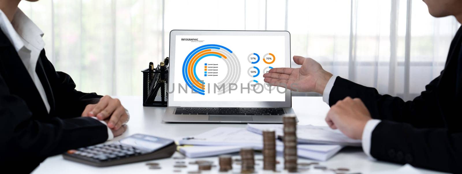 Business intelligence analyst use BI software on laptop with stack coin. Shrewd by biancoblue