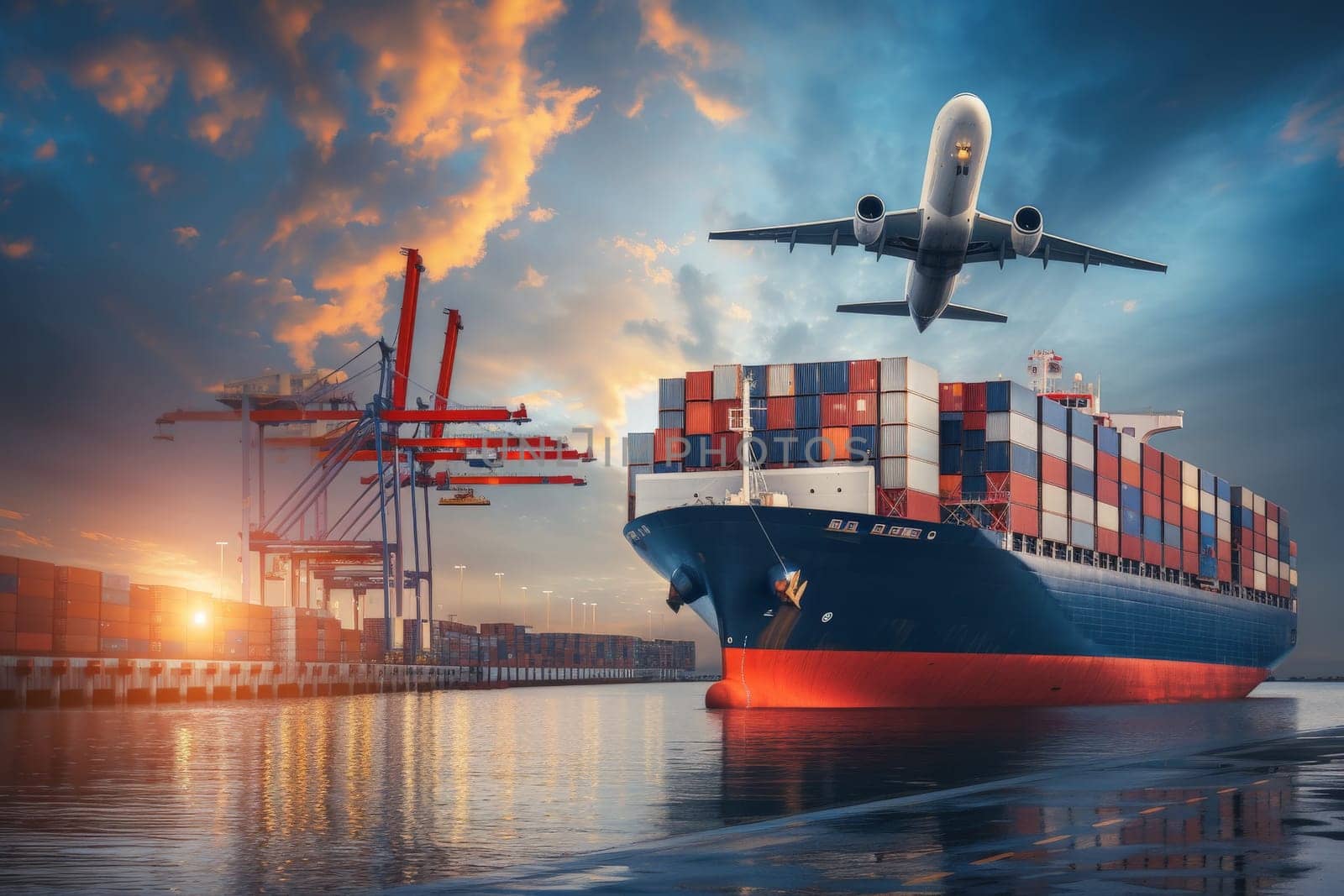 Business logistics and transportation concept of containers cargo freight ship and cargo plane.