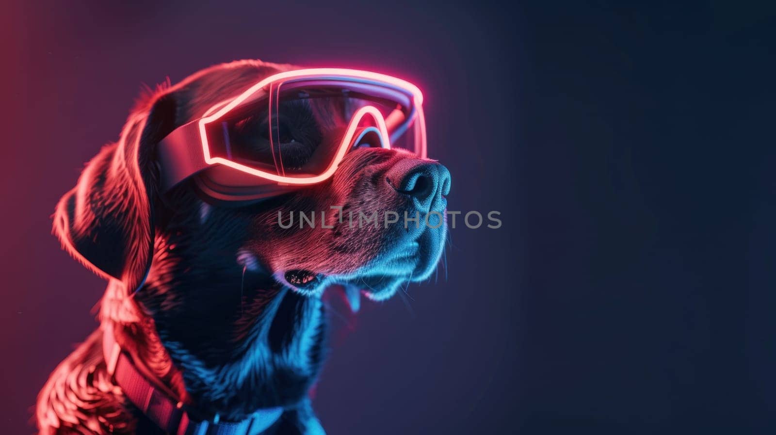 Dog wearing vision pro VR glasses, bone neon icon room background. Generative AI.