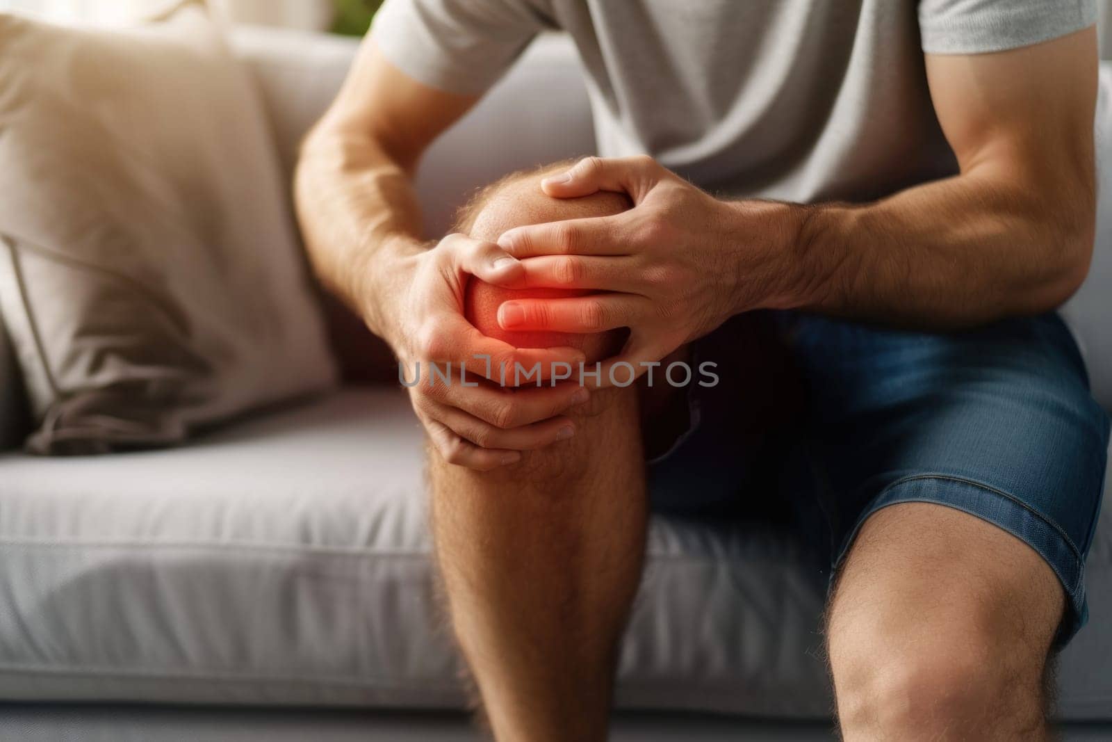 Man sitting on a couch and holding his knee. he having knee pain. Generative AI.