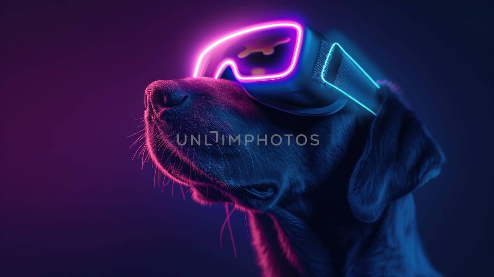 Dog wearing vision pro VR glasses, bone neon icon room background. Generative AI.