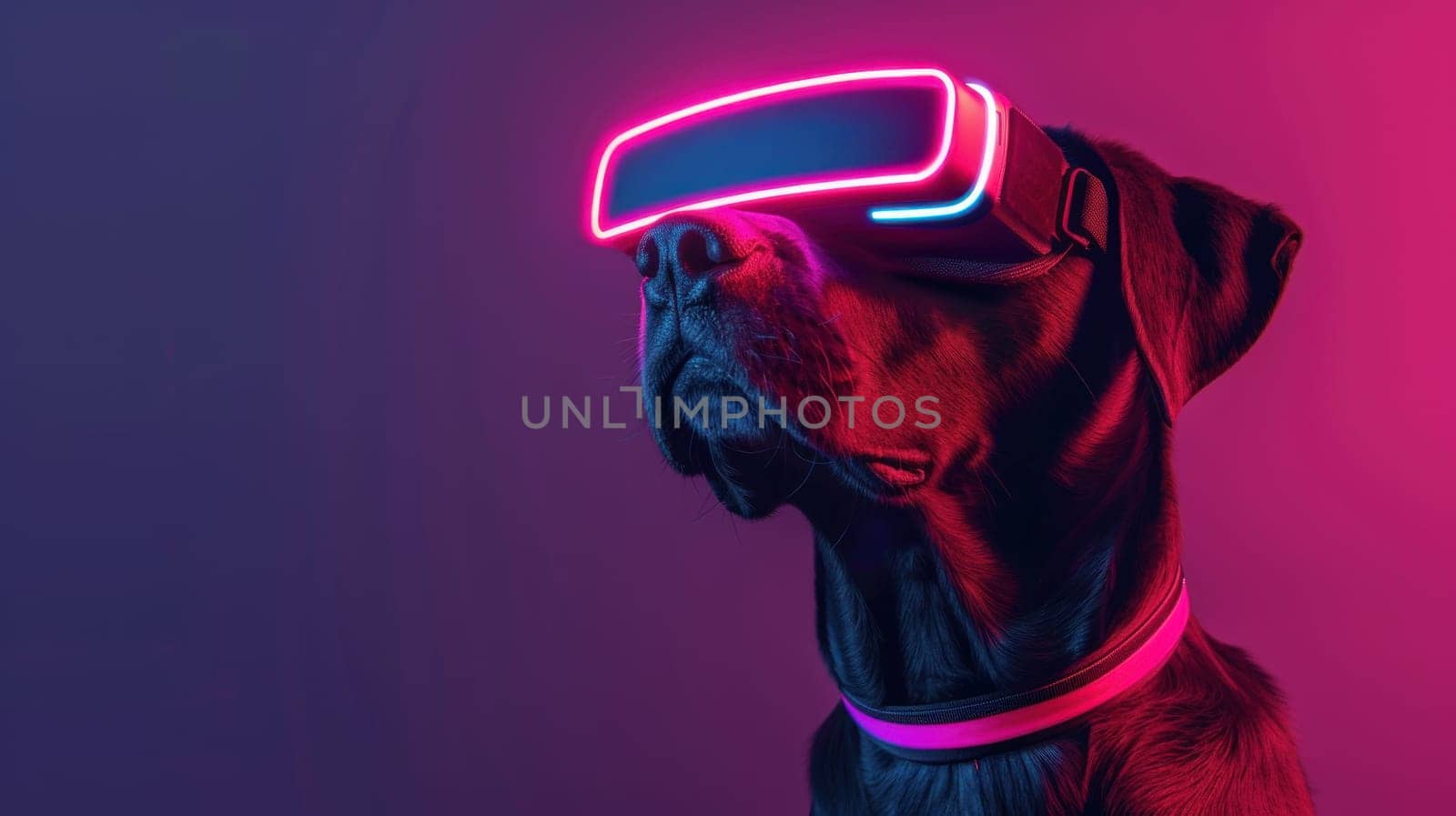 Dog wearing vision pro VR glasses, bone neon icon room background. Generative AI by golfmerrymaker
