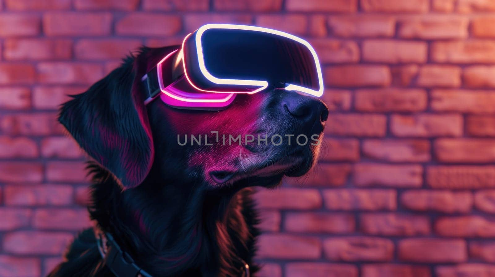 Dog wearing vision pro VR glasses, bone neon icon room background. Generative AI.
