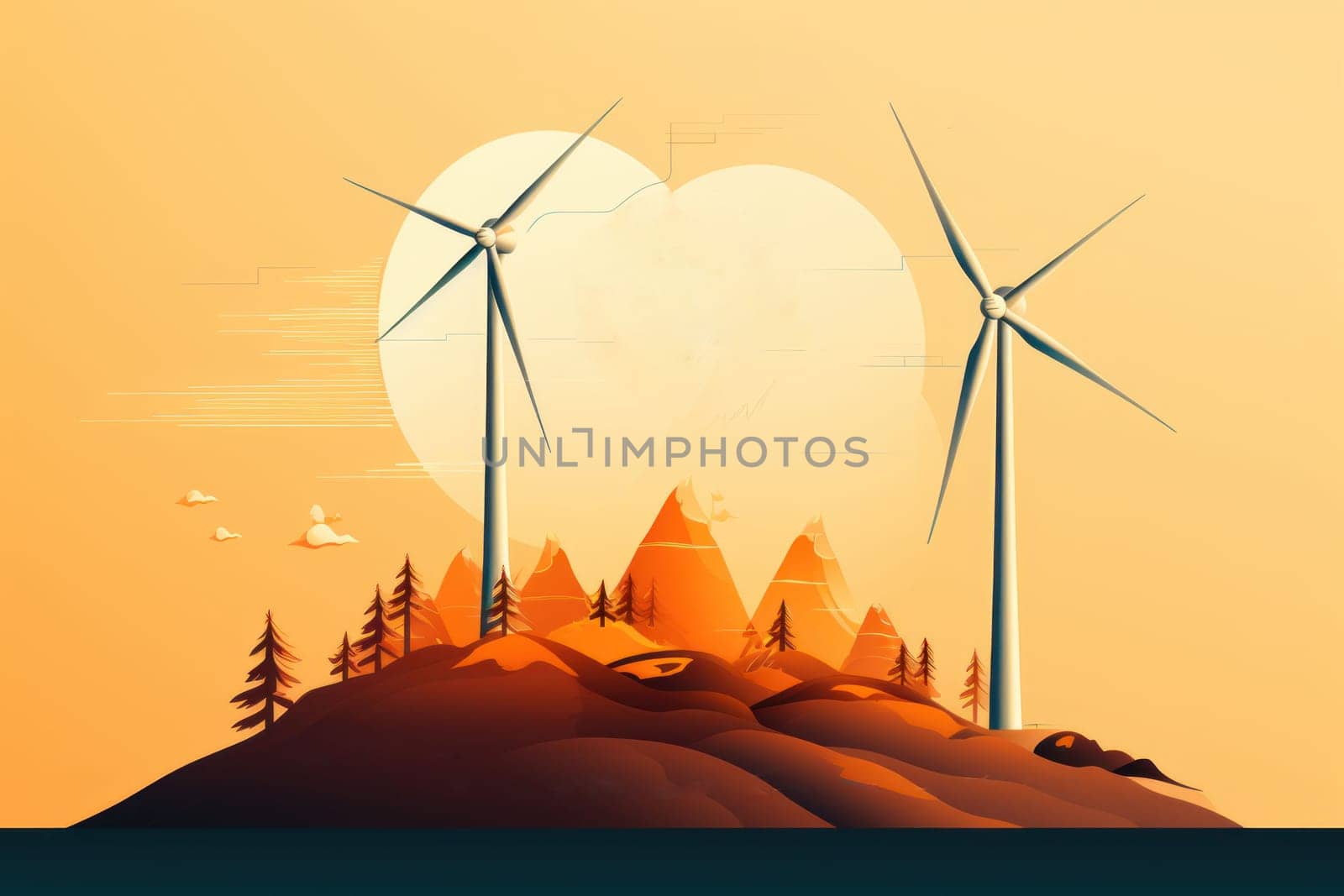 Wind turbines on the green hills against the colorful sunset sky. Production of renewable green energy. g. Generative AI by matamnad