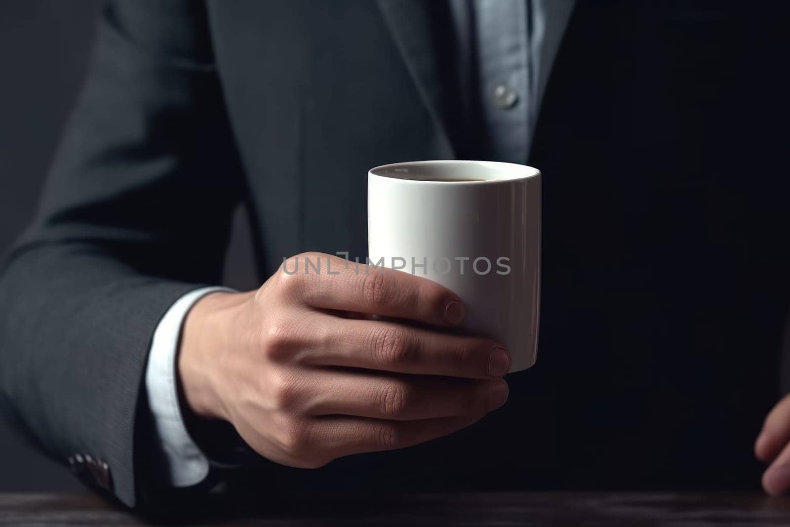 A mockup of a white coffee cup Held by a hand, created with Generative AI by matamnad