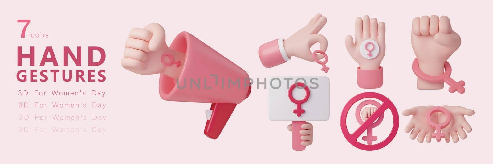 3d Hand gestures icon set , For equality woman's day ,march 8. Raise awareness, prevention, detection, treatment. Icon design 3d illustration by meepiangraphic
