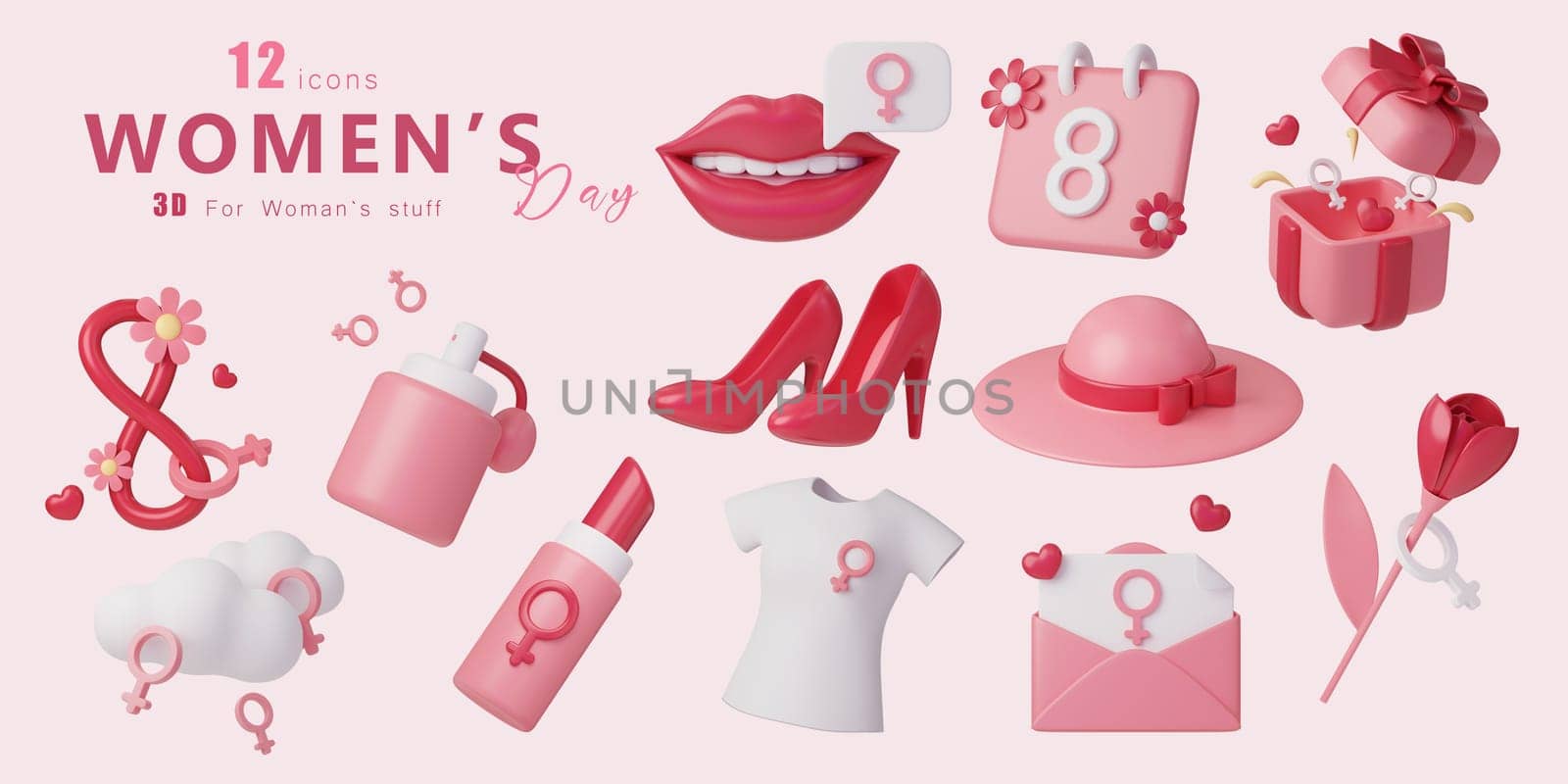3d Women's stuff icon set , For equality woman's Day, march 8. Raise awareness, prevention, detection, treatment. Icon design 3d illustration by meepiangraphic