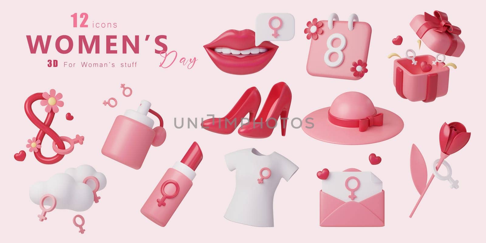 3d Women's stuff icon set , For equality woman's Day, march 8. Raise awareness, prevention, detection, treatment. Icon design 3d illustration.