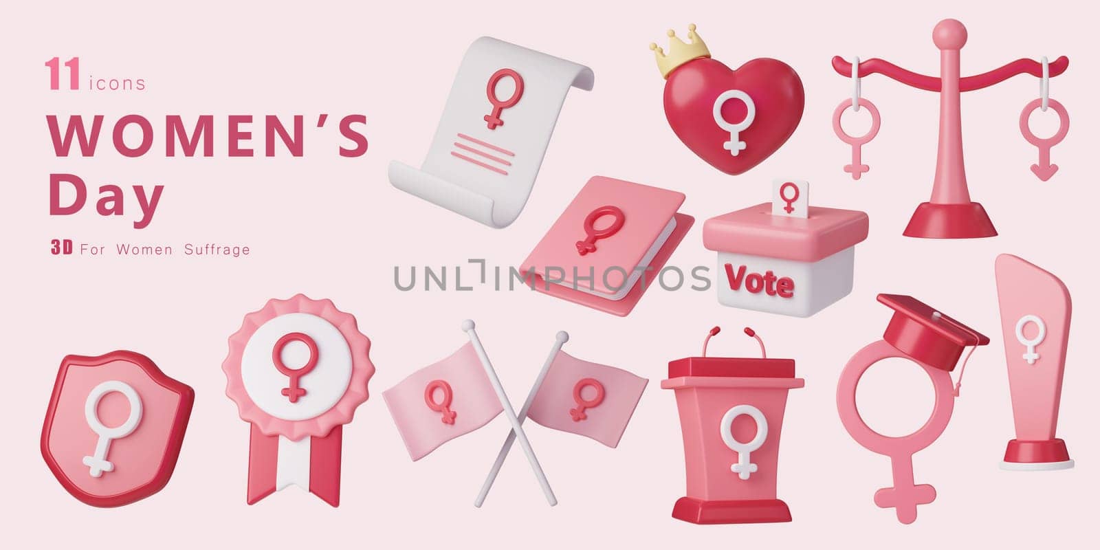 3d Women's suffrage icon set , For equality andwoman's Day, march 8. Raise awareness, prevention, detection, treatment. Icon design 3d illustration.