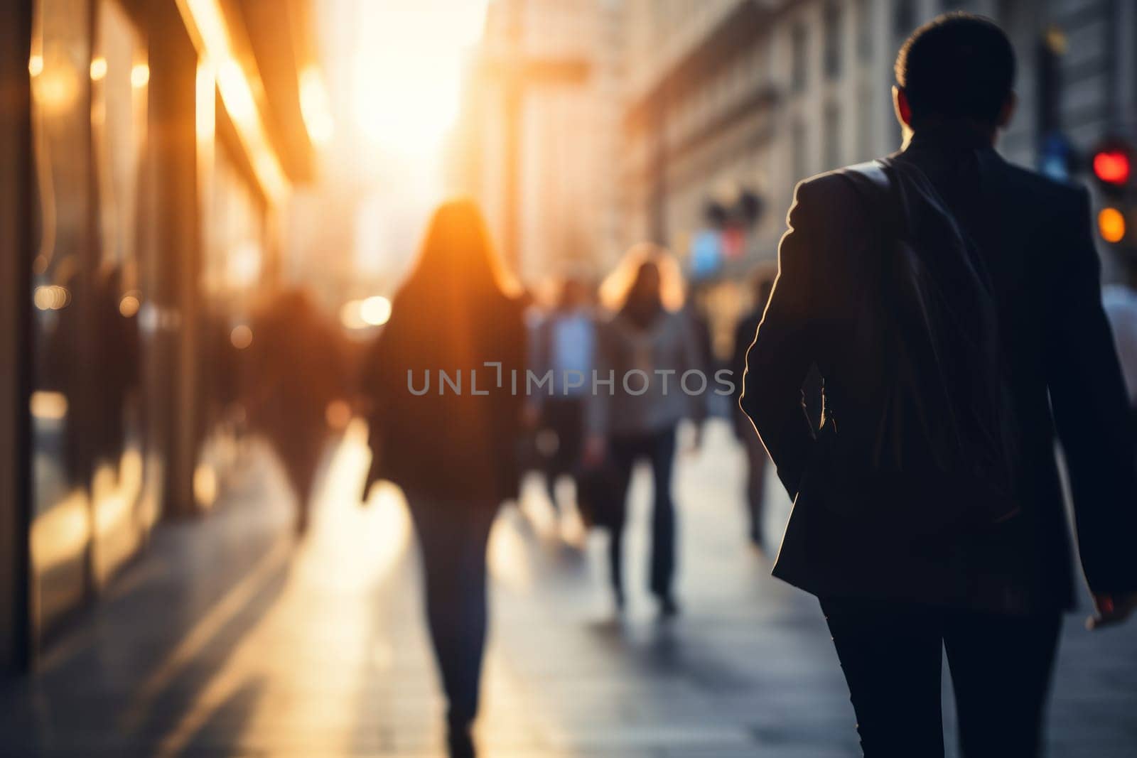 people walking to office environment. Moving crowd motion blurred background. Hand edited generative AI..