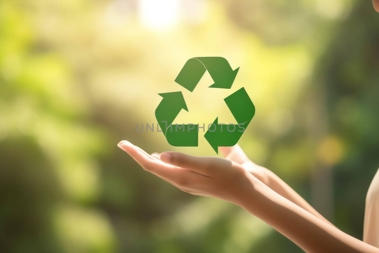 Recycle logo symbol held in hand. Generative Ai by matamnad