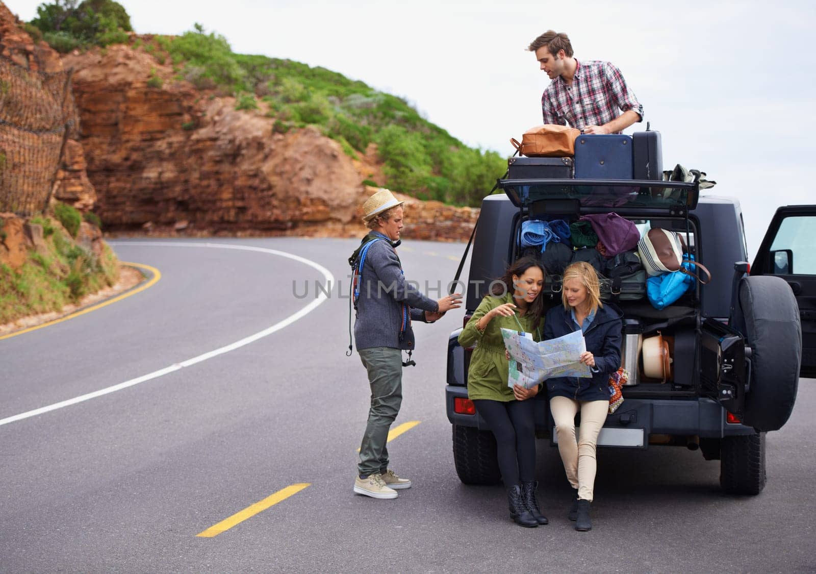 Friends, road trip and map or car on mountain with luggage on roof or adventure for vacation, travel or navigation. People, group and together in Italy with transportation or camping, holiday or bags.