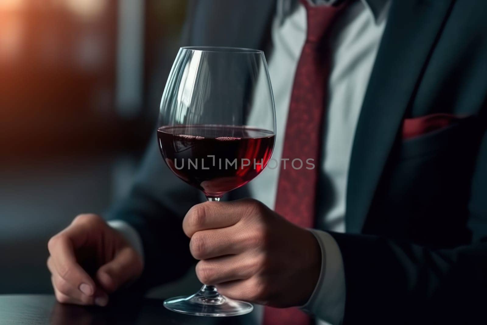 business man hands holding a red wine glass .generative ai.