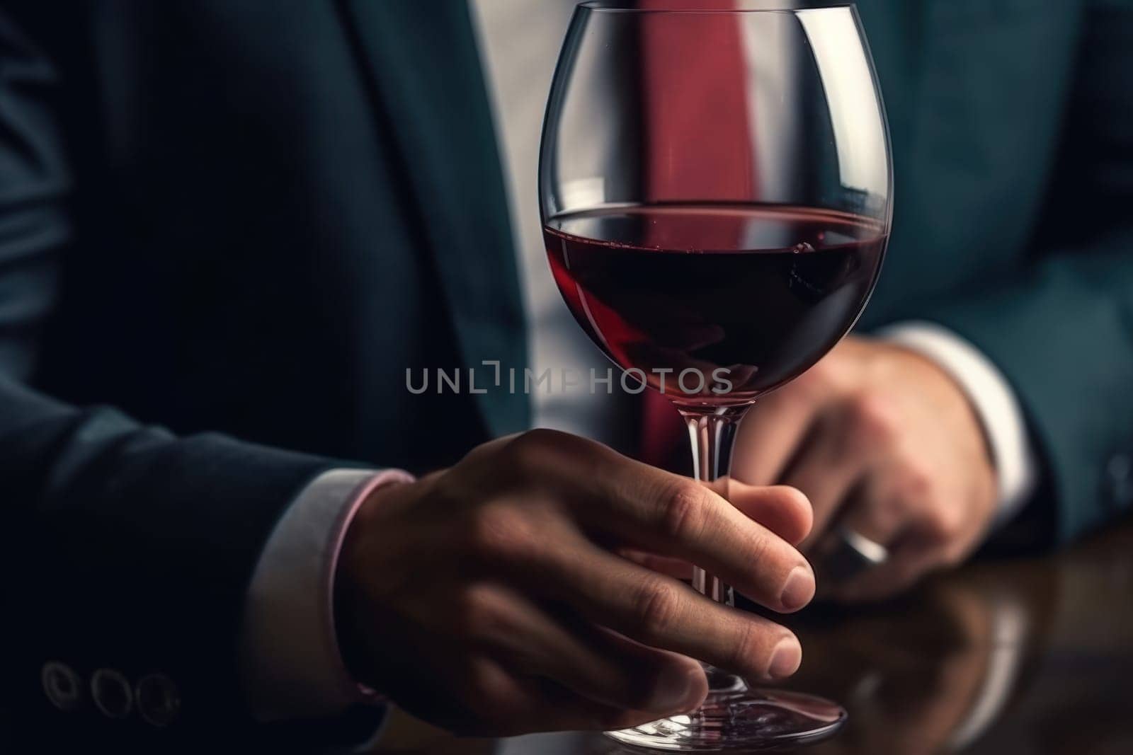 business man hands holding a red wine glass .generative ai by matamnad