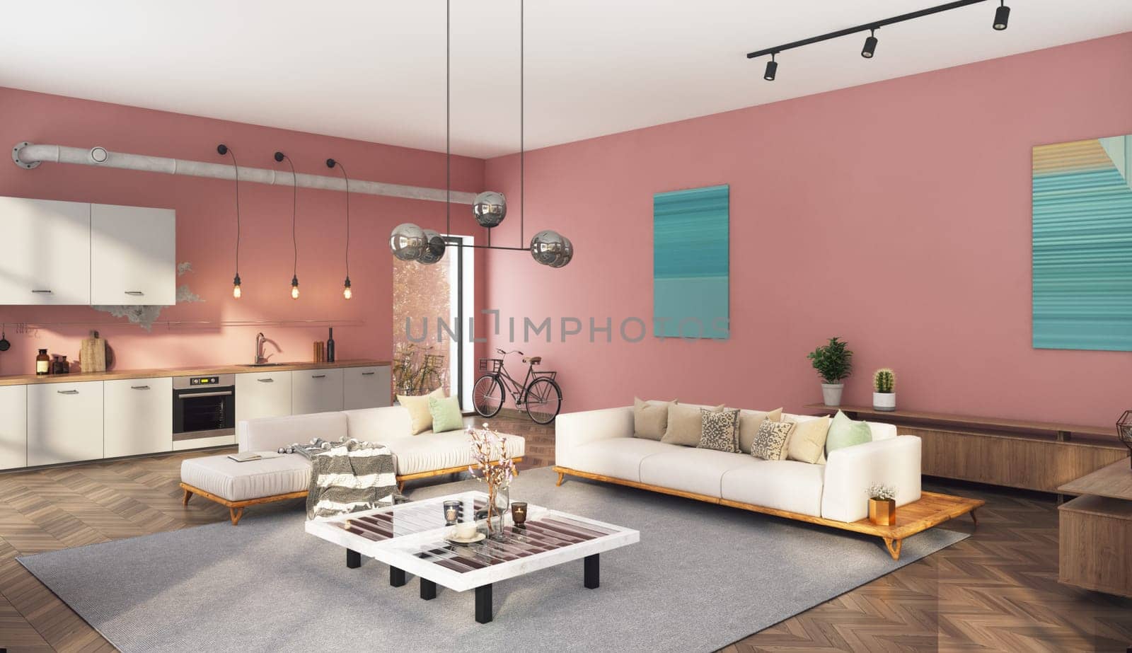 Modern living room with pink walls, wooden floor, white sofas and coffee table. 3d rendering