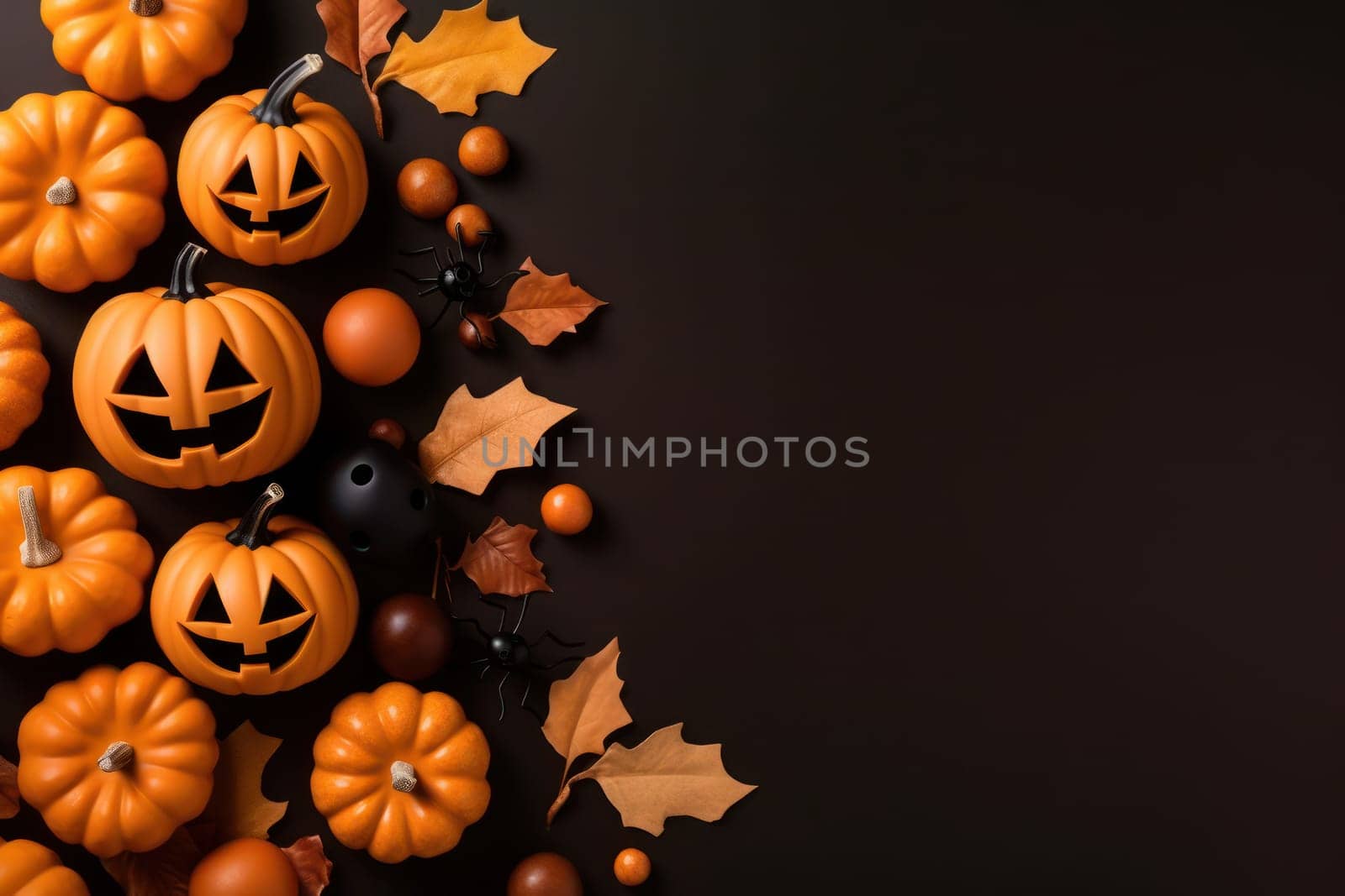 Happy halloween flat lay mockup with pumpkins on orange background. Autumn holiday concept composition. Top view with copy space. Generative ai..