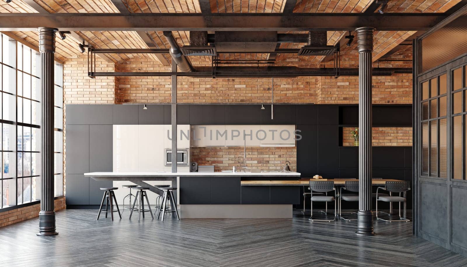 Interior of modern kitchen with brick walls, wooden floor, gray countertops and bar with stools. 3d rendering