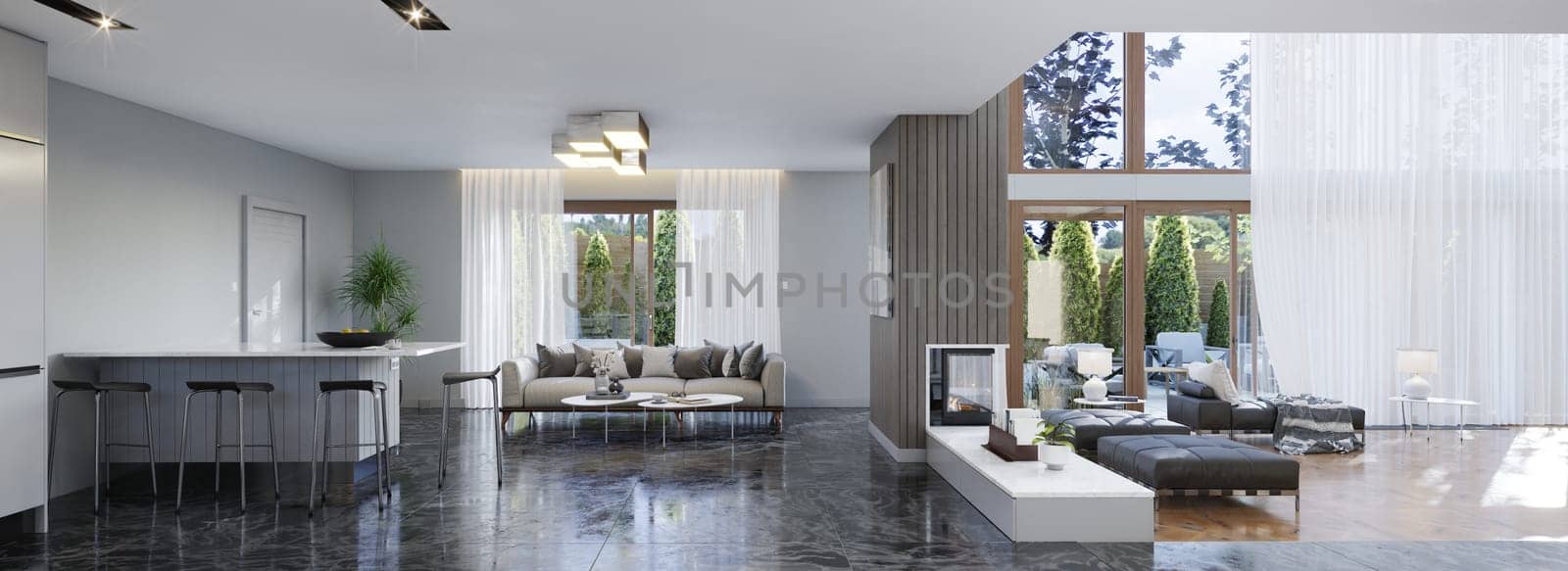 rendering of white modern living room with fireplace by vicnt