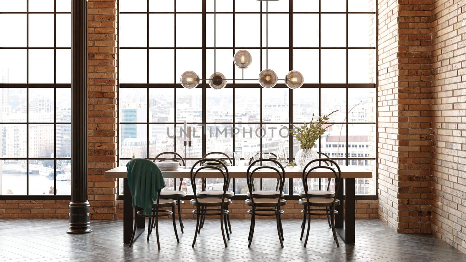 Interior of modern dining room with brick walls, concrete floor, round wooden tables with chairs and loft windows. 3d rendering