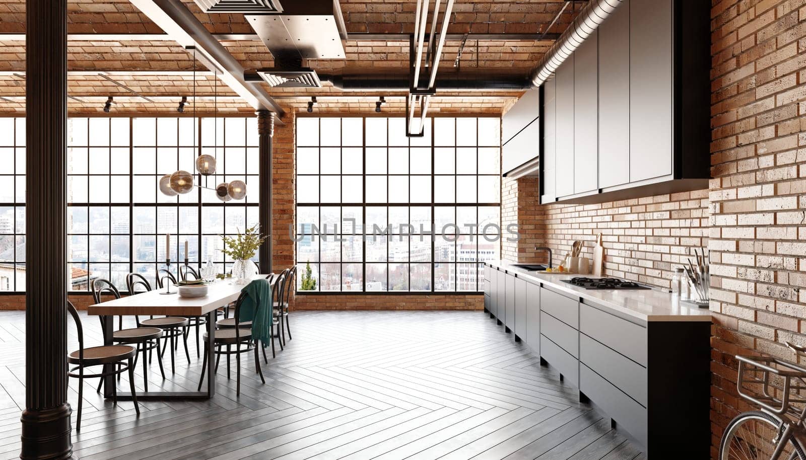 Interior of modern kitchen with brick walls, wooden floor, gray countertops and bar with stools. 3d rendering