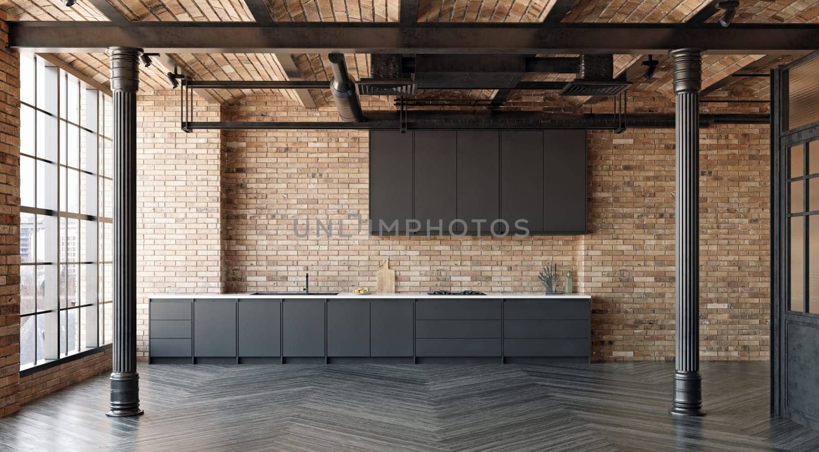 Interior of modern kitchen with brick walls, wooden floor, gray countertops and bar with stools. 3d rendering