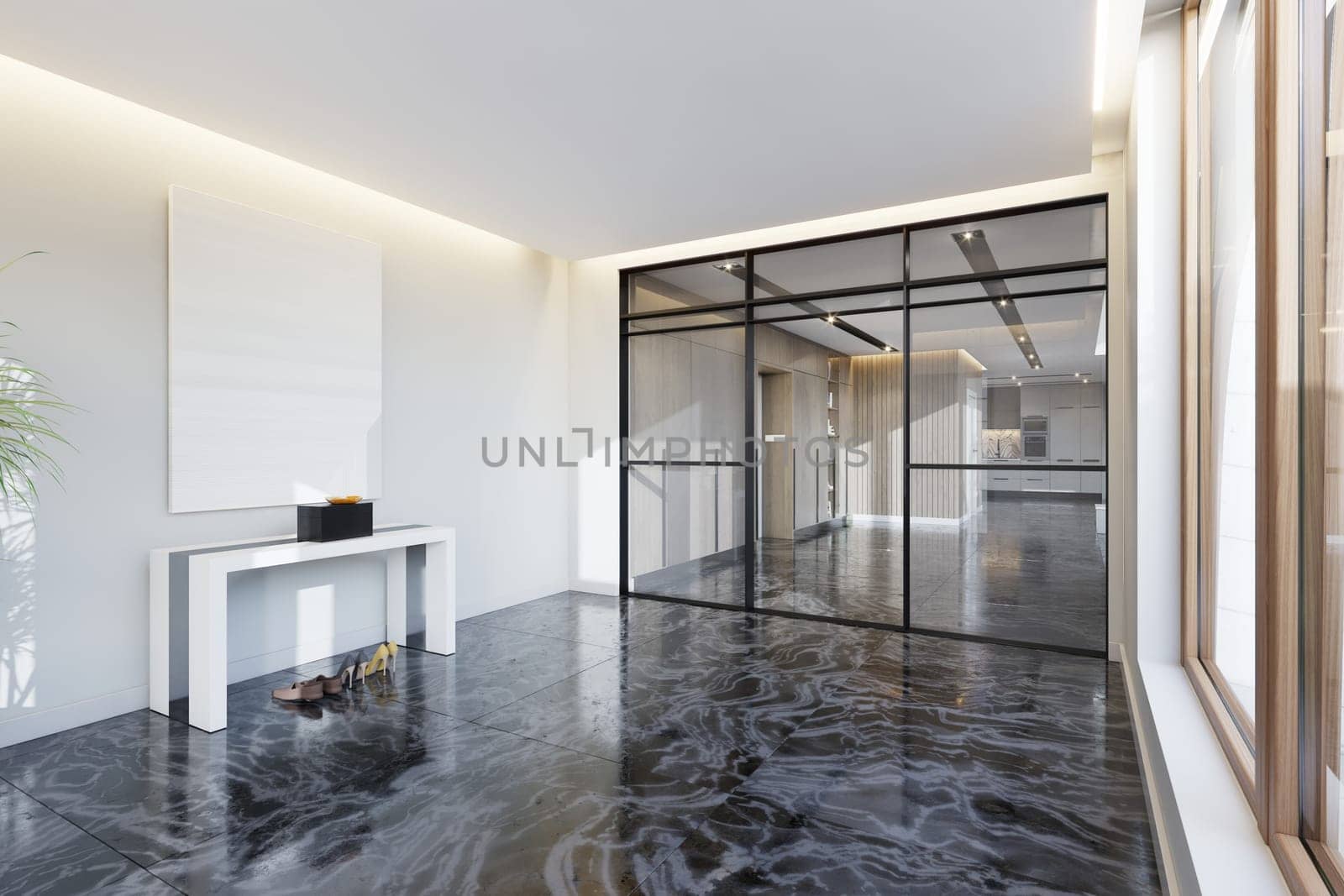 Interior of modern living hall with white walls, tiled floor, black and white ceiling and glass doors. 3d rendering