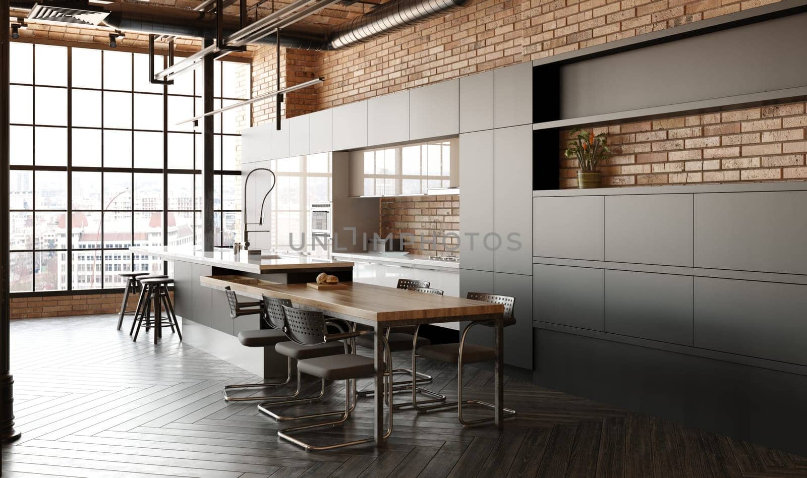 Interior of modern kitchen with brick walls, wooden floor, gray countertops and bar with stools. 3d rendering