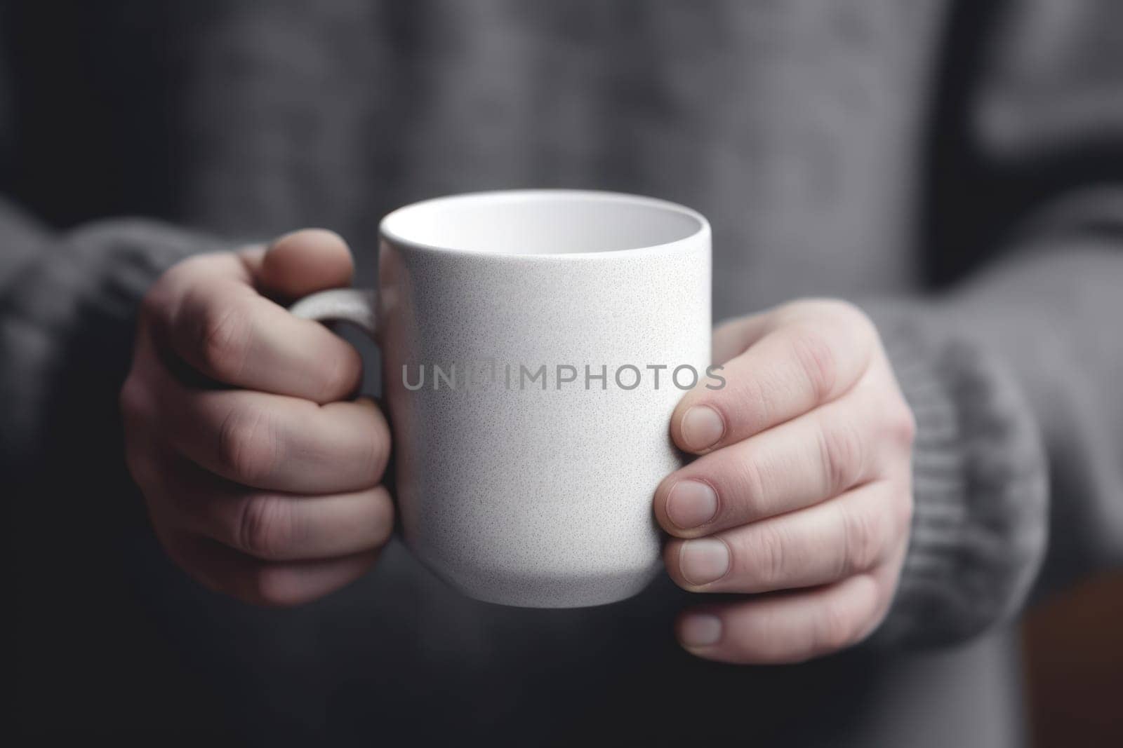 A mockup of a white coffee cup Held by a hand, created with Generative AI.